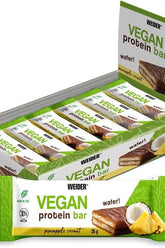 Weider vegan protein bar box featuring pineapple coconut flavor with high protein content, ideal for muscle recovery.